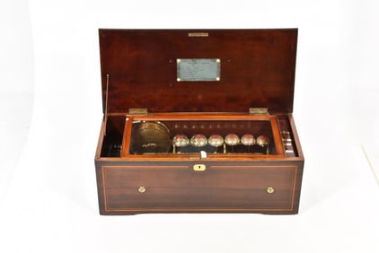 SWISS CYLINDRICAL MUSIC BOX WITH 6 BELLS AND DRUM