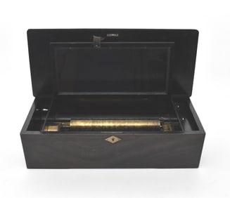 SWISS MAHOGANY INLAID CYLINDRICAL MUSIC BOX