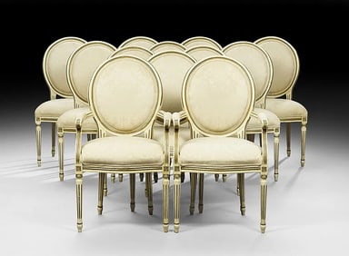 TWELVE LOUIS XVI-STYLE POLYCHROME DINING CHAIRS