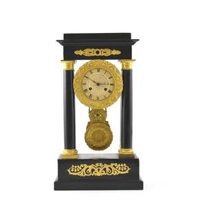 1860, NAPOLEON III EBONIZED WOOD GILT BRONZE CLOCK: A Napoleon III Ebonized Wood and Gilt Bronze Temple-Form Mantle Clock, circa 186016-7/8 inches high x 9-1/2 inches wide x 5-1/8 inches deep (42.9 x 24.1 x 13.0 cm) Dimension: 16-7/8"H x 9-1/2"W x