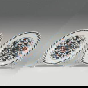 GUANGXU WUCAI SHUANGSI FLORI PORCELAIN PLATES: Measurements: Height: 3.5 cm, Diam.: 16.2 cm Pair of Chinese Qing Dynasty GuangXu Wucai Suangsi Floral Motif Porcelain Plates. The plates has a broad wide central interior, rounded mouth lip, thick,