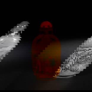 AN INSIDE - PAINTED SNUFF BOTTLE: Dimensions: 4.5x2.3x8.8 cm. Weight 65 grams. This is an inside - painted snuff bottle, a gem among traditional Chinese handicrafts. The bottle body is made of transparent material, and exquisite