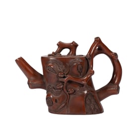 TREE - STUMP - SHAPED DECORATED PURPLE CLAY TEAPOT