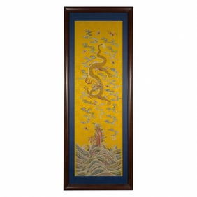 FRAMED 18/19TH C EMBROIDERY DRAGON SILK PANEL