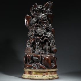 WOODCARVING OF LITERATI SCHOLARS IN A SERENE MOUNTAIN LANDSCAPE