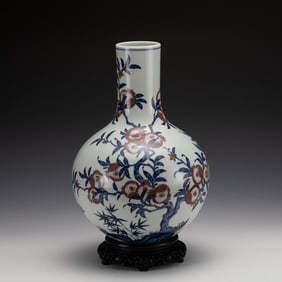 YONGZHENG BLUE & WHITE RED POMEGRANATE CELESTIAL VASE ON STAND