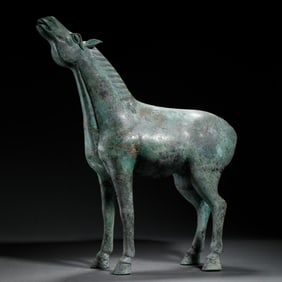 BRONZE HORSE STATUE WITH HEAD RAISED