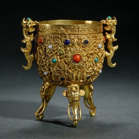 GILDED - BRONZE CUP INLAID WITH GEMSTONES