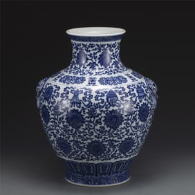 QING QIANLONG BLUE & WHITE LOTUS DOUBLE EAR ZUN