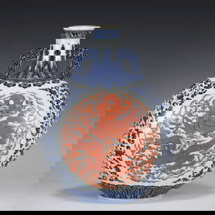 QING QIANLONG BLUE & WHITE ALUM RED MOON VASE: Dimensons: Length: 34cm, Width: 17cm, Height: 43cm Chinese Qing Dynasty Qianlong Blue and White Alum Red Porcelain Moon Vase. The porcelain potted in moon vase, thick and tall, flat globular on lower