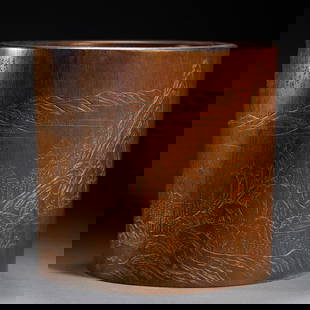 HUANGHUALI BRUSH POT: Dimensions: L. 19.5 cm. W. 19.5 cm. H. 18.5 cm. Weight 1455 grams. This is a huanghuali (Dalbergia odorifera) brush pot. Huanghuali, whose scientific name is Dalbergia odorifera, is a unique tree spec