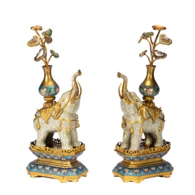 PAIR OF CLOISONNE ELEPHANT - CARRYING - VASE ORNAMENTS