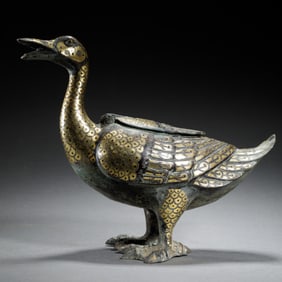 BRONZE DUCK - SHAPED HE WITH INLAID GOLD AND SILVER