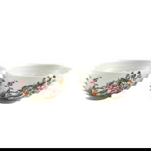 PR. YONGZHENG FAMILLE ROSE FLORAL BOWLS: Dimensions: 2-5/8" H x 5-1/4" Dia. Pair of Chinese Qing Dynasty Period, Yongzheng Famille rose floral bowls. Potted with a shallow body, slight deep, thick and bulbous body, with angled cavetto elevat
