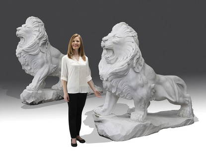 PAIR CARVED MARBLE ENTRYWAY LIONS 53"H: Pair of carved marble entryway lions, each depicting a roaring lion standing proudly on a naturalistic base, 53"h x 63"l x 19"w.