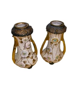 PAIR AMPHORA PORCELAIN FLORAL DECORATED VASES