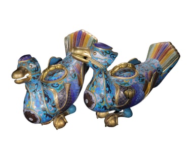 PAIR OF CLOISONNE ENAMEL BIRD - SHAPED INCENSE BURNERS