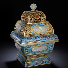 CLOISONNE ENAMEL INCENSE BURNER INLAID WITH JADE