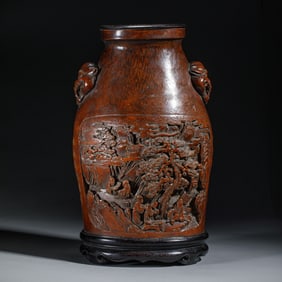 BAMBOO - CARVED VASE WITH FIGURE AND LANDSCAPE MOTIF