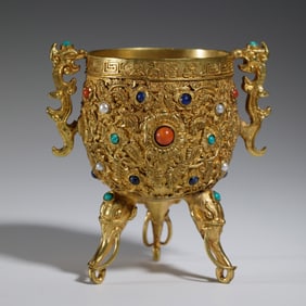 GILT BRONZE VESSEL INLAID WITH GEMSTONES