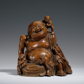 BAMBOO - CARVED STATUE OF MAITREYA BUDDHA WITH CHILDREN