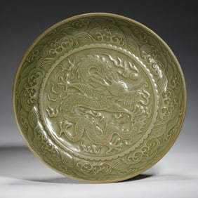 CELADON PLATE WITH DRAGON AND WAVE MOTIFS