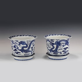 PAIR OF BLUE & WHITE DRAGON MOTIF FLOWER POTS
