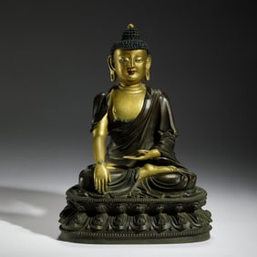 BRONZE STATUE OF SEATED BUDDHA ON LOTUS PEDESTAL