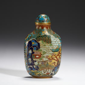 CLOISONNE SNUFF BOTTLE WITH COLORFUL LANDSCAPE PATTERNS
