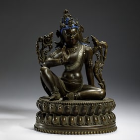BRONZE INLAID SILVER STATUE OF BUDDHIST DEITY