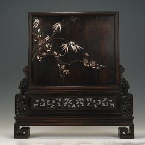 TRADITIONAL CHINESE WOODEN TABLE SCREEN WITH PLUM BLOSSOM AND BAMBOO INLAY
