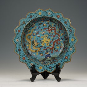 CLOISONNE ENAMEL PLATE WITH DRAGON PATTERNS AND "LONGEVITY" (SHOU) CHARACTER