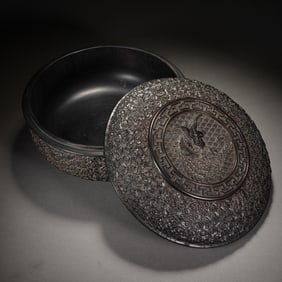 DARK - COLORED WOOD BOX WITH EXQUISITE PHOENIX - MOTIF CARVINGS