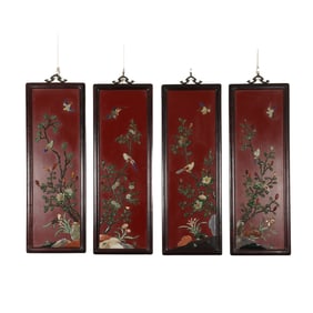 SET OF FOUR TRADITIONAL CHINESE FLORAL AND AVIAN INLAY DECORATIVE PANELS
