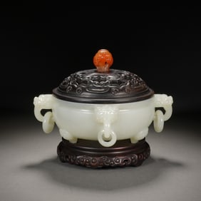 WHITE JADE CENSER WITH DARK WOODEN LID AND BASE