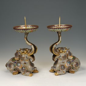 PAIR OF CLOISONNE ENAMEL ELEPHANT-SHAPED CANDLESTICKS