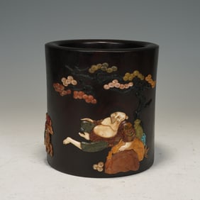 HARDWOOD BRUSH POT WITH INLAID FIGURE AND PINE TREE PATTERNS
