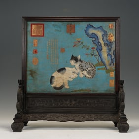 TRADITIONAL CHINESE SCREEN WITH CAT PAINTING