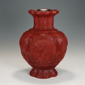 RED LACQUER VASE WITH CARVED PATTERNS