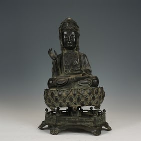 BRONZE STATUE OF GUANYIN ON A LOTUS THRONE