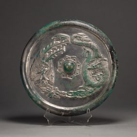 CHINESE BRONZE MIRROR WITH DRAGON AND PHOENIX PATTERNS