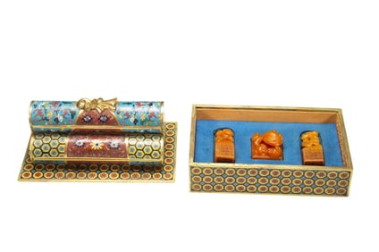 CLOISONNE ENAMEL BOX AND SOAPTONE SEALS
