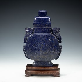 LAPIS LAZULI VASE WITH DRAGON - SHAPED HANDLES ON CARVED WOODEN BASE