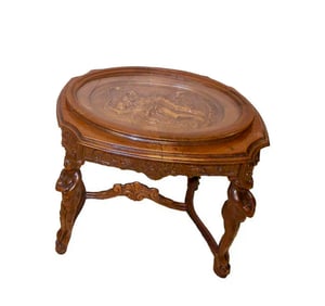 CARVED WALNUT FIGURAL TRAY TOP TABLE