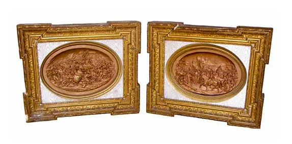 PAIR BRONZE PLAQUES IN GILT WOOD FRAMES