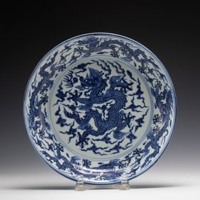 MING XUANDE BLUE & WHITE DRAGON PLATE