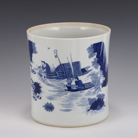 BLUE & WHITE WATERSIDE LANDSCAPE PORCELAIN BRUSH POT