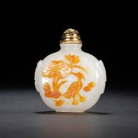Chinese Hetian Jade Fancy-Color Crane & Lotus Snuff Bottle