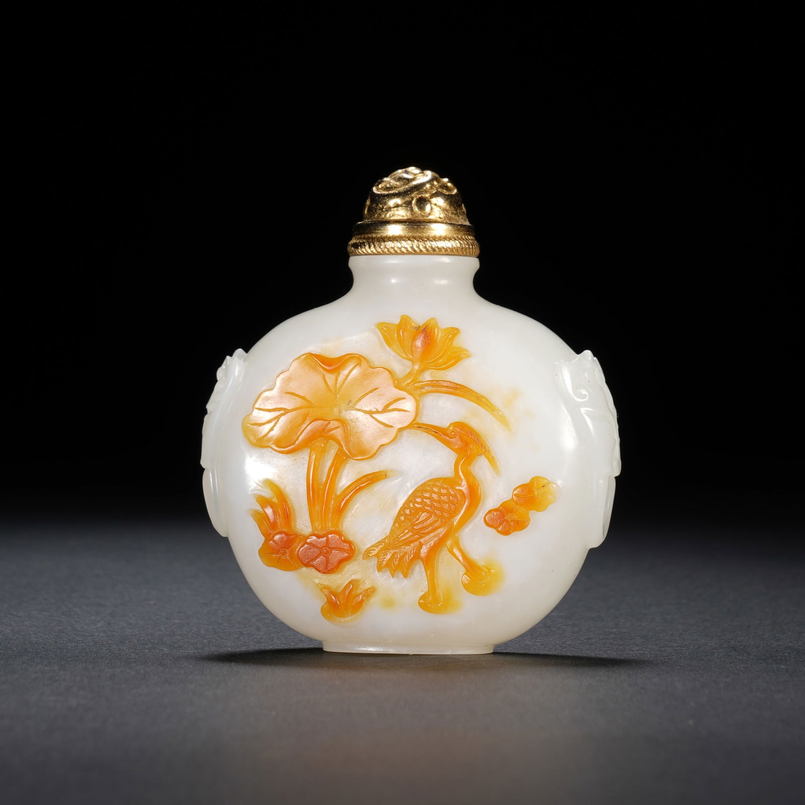 Chinese Hetian Jade Fancy-Color Crane & Lotus Snuff Bottle (1 of 7)
