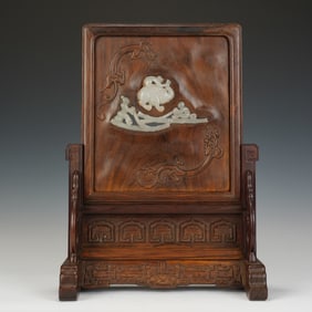 Chinese Huanghuali Jade-Inlaid Table Screen